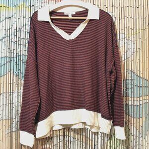 Peace Love World Reverse Knit Striped Cotton Blend Sweater, Dark Blue/Orange, XL